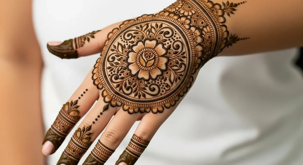 Round Mehndi Design Simple Front Hand
