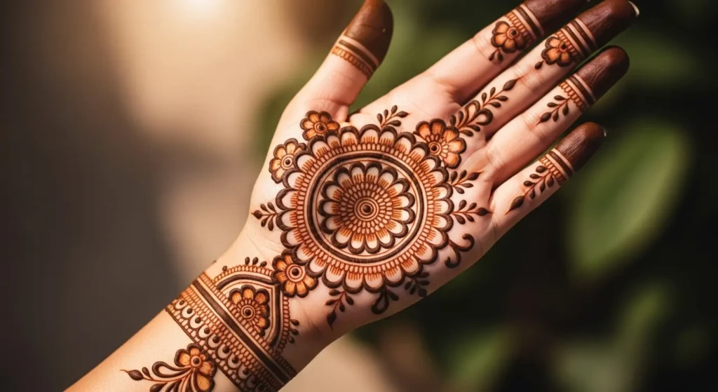 round shape back hand mehndi flower design