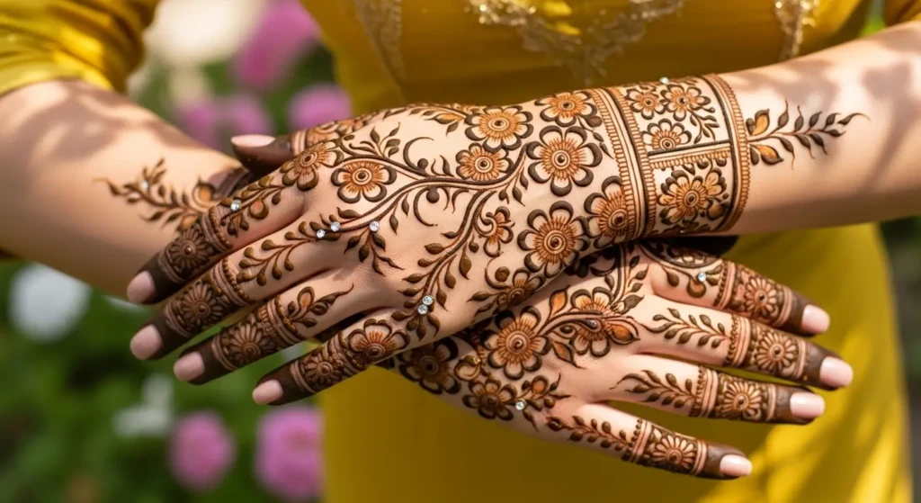 Mehndi blooms like a flower in spring Telling tales that joy will bring.