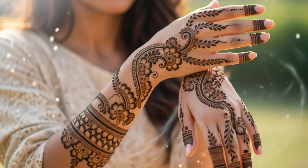 Like whispers of the wind, Mehndi flows, Crafting beauty as it grows