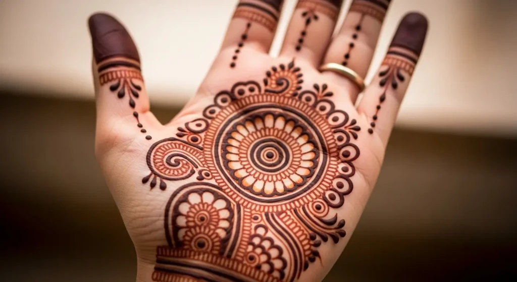 Circles and paisleys, a hennaed delight, Mehndi captures the soul at first sight.