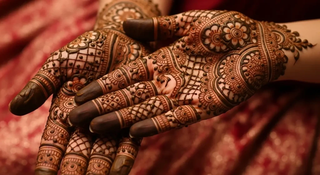 Under the moonlight’s silken hue, Mehndi whispers tales that feel brand new.