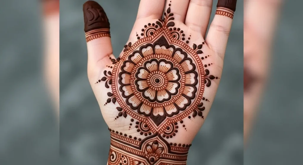 round shape back hand mehndi flower design
